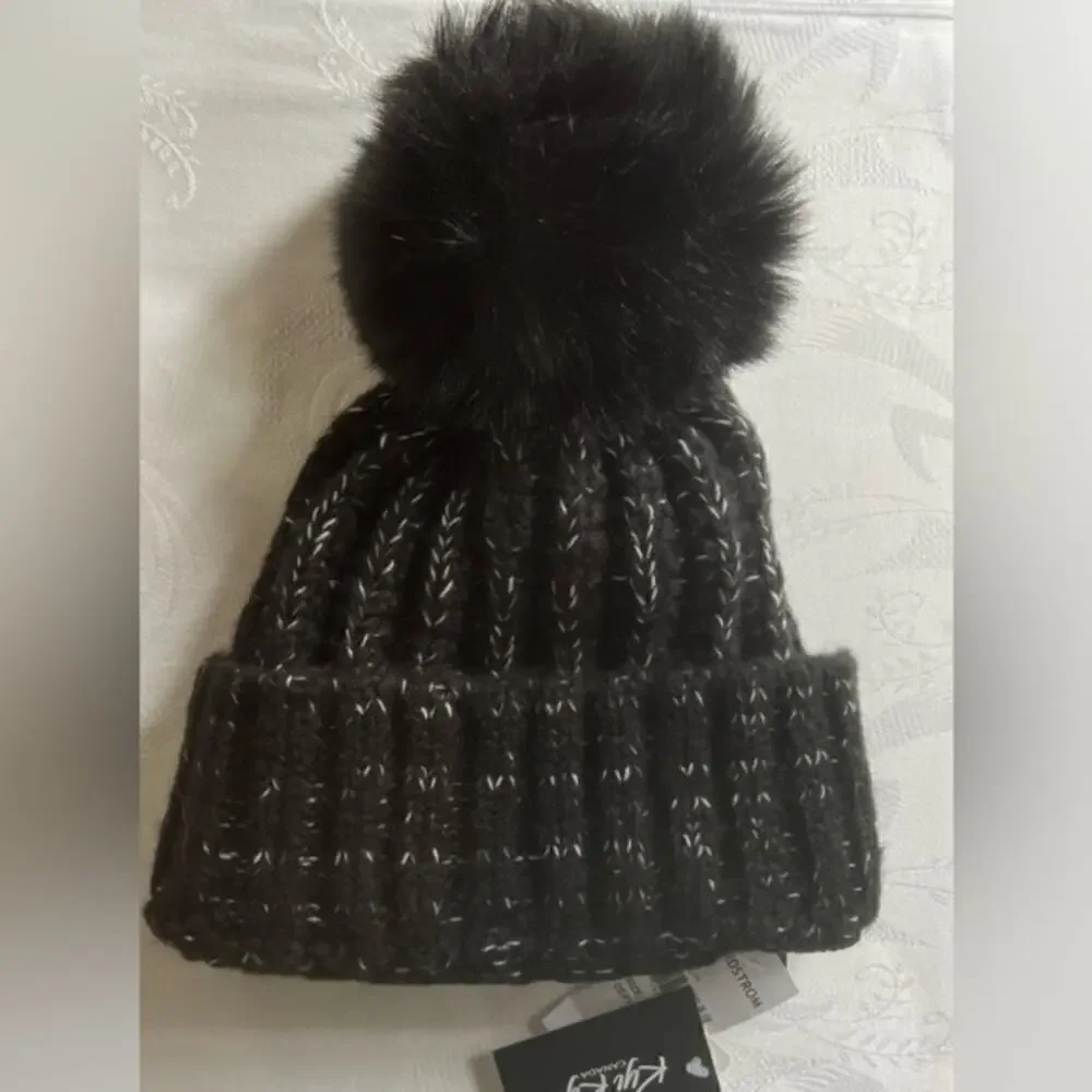 Kyi Kyi Chunky Wool Blend Beanie with Faux Fur Pomona Black NWT